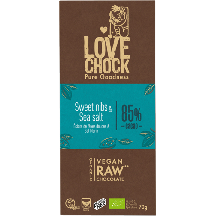 Suklaa Kaakaonibsit & Merisuola 85% LUOMU 70g ryhmässä Raaka-aineet / Karkkia & Suklaata / Suklaapatukat @ Rawfoodshop Scandinavia AB (14001)