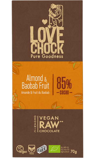Suklaa Manteli & Baobab 85% LUOMU 70g ryhmässä Raaka-aineet / Karkkia & Suklaata / Suklaapatukat @ Rawfoodshop Scandinavia AB (14003)