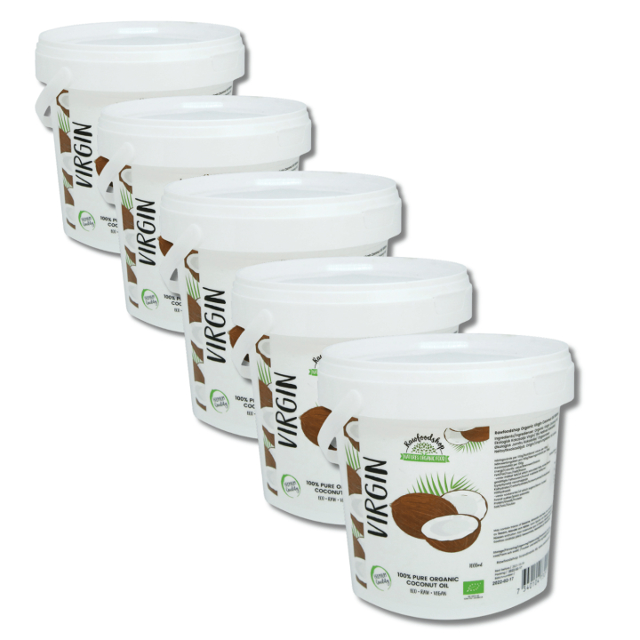 Kookosöljy Virgin RAW LUOMU 1000ml x 5 Paketti ryhmässä Iho & Vartalo / Luonnollinen DIY / Rasvat & Vahat / Kookosöljy @ Rawfoodshop Scandinavia AB (15064-1000-SET5)