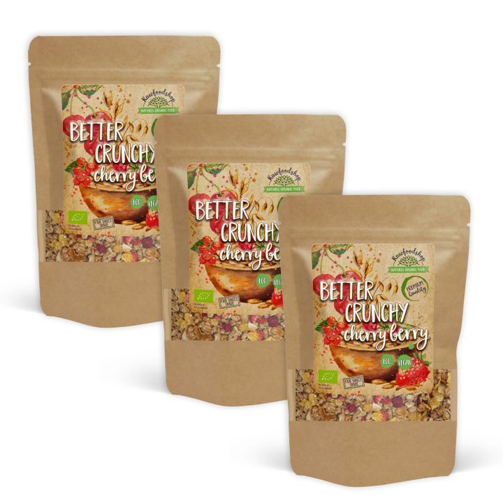 Better Crunchy - Cherry Berry LUOMU 500g x 3 pakettia ryhmässä Raaka-aineet / Ruokakomero / Granolaa, & Puuroa @ Rawfoodshop Scandinavia AB (21411500-SET3)