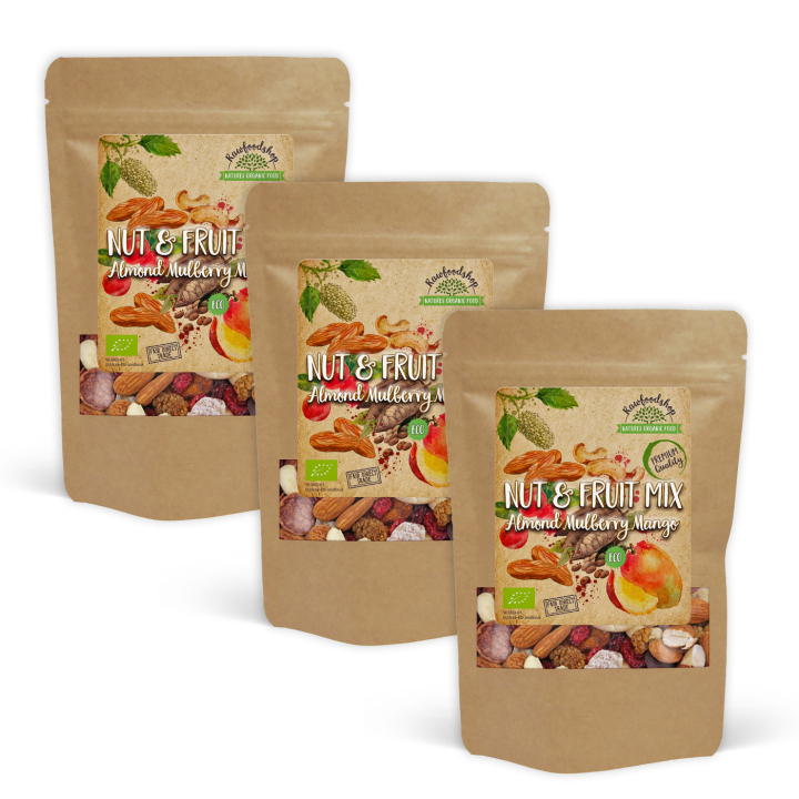 Pähkinä- & Hedelmäsekoitus Manteli Mulperi Mango LUOMU 500g x 3 pakettia ryhmässä Raaka-aineet / Karkkia & Suklaata / Välipalat @ Rawfoodshop Scandinavia AB (214165-SET3)