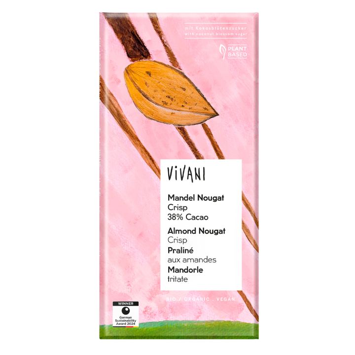 Vivani Manteli Nougat Crisp 38% LUOMU 80g ryhmässä Raaka-aineet / Karkkia & Suklaata / Suklaapatukat @ Rawfoodshop Scandinavia AB (25094)