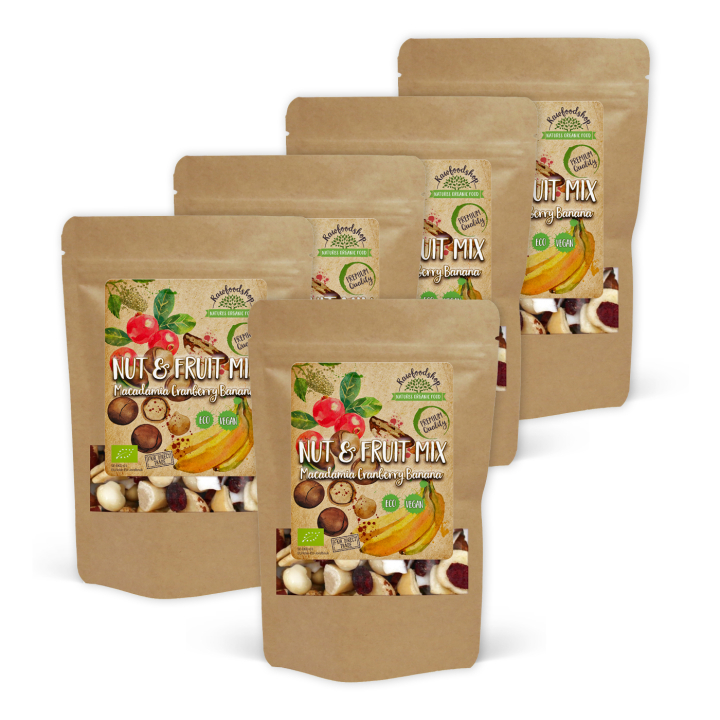 Pähkinä- & Hedelmäsekoitus Macadamia Karpalo Banaani LUOMU 200g x 5 pakettia ryhmässä Raaka-aineet / Karkkia & Suklaata / Välipalat @ Rawfoodshop Scandinavia AB (270722-SET5)