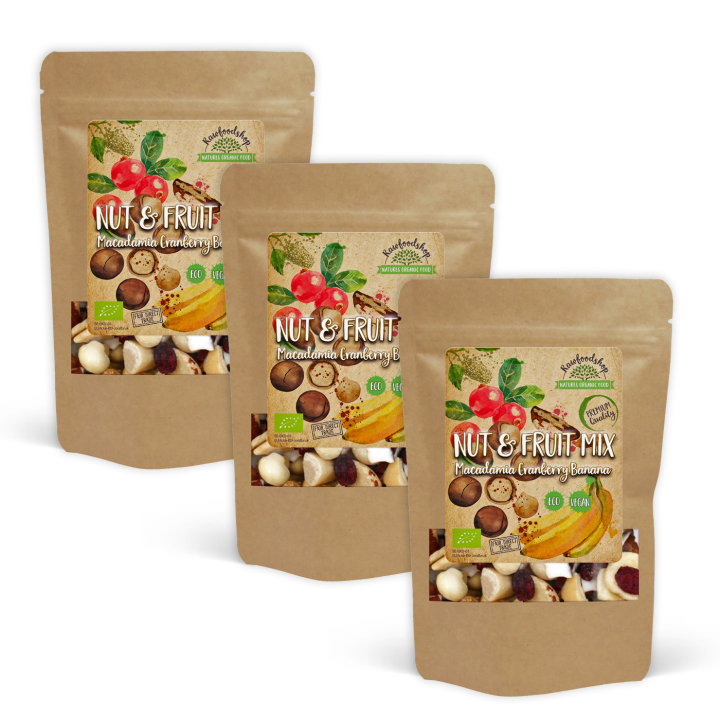 Pähkinä- & Hedelmäsekoitus Macadamia Karpalo Banaani LUOMU 500g x 3 pakettia ryhmässä Raaka-aineet / Karkkia & Suklaata / Välipalat @ Rawfoodshop Scandinavia AB (270725-SET3)