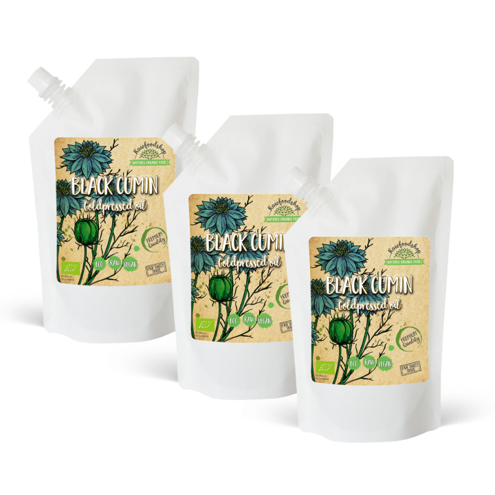 Mustakuminaöljy kylmäpuristettu LUOMU 500ml x 3 pulloa ryhmässä Iho & Vartalo / Luonnollinen DIY / Kasviöljyt @ Rawfoodshop Scandinavia AB (300443-SET3)