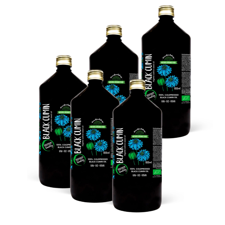 Mustakuminöljy kylmäpuristettu LUOMU 1000ml x 5 pulloa ryhmässä Iho & Vartalo / Luonnollinen DIY / Kasviöljyt @ Rawfoodshop Scandinavia AB (300444-SET5)
