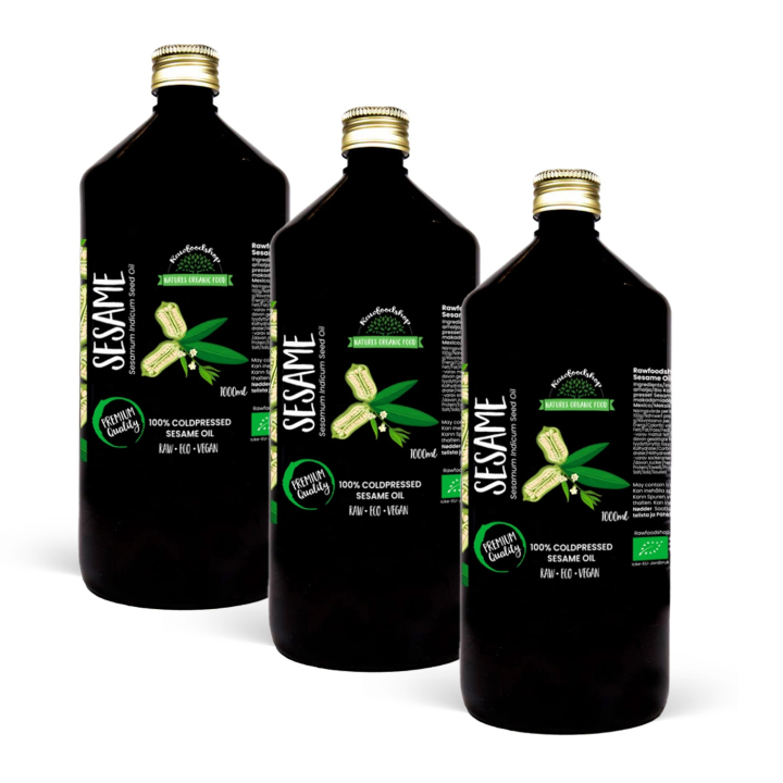 Seesamiöljy kylmäpuristettu LUOMU 1000ml x 3 pulloa ryhmässä Iho & Vartalo / Luonnollinen DIY / Kasviöljyt @ Rawfoodshop Scandinavia AB (3081204-SET3)