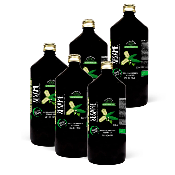 Seesamiöljy kylmäpuristettu LUOMU 1000ml x 5 pulloa ryhmässä Iho & Vartalo / Luonnollinen DIY / Kasviöljyt @ Rawfoodshop Scandinavia AB (3081204-SET5)