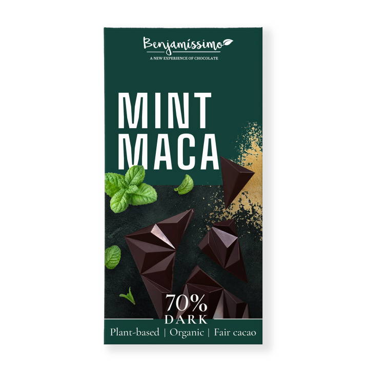 Tumma Suklaa 70% Minttu & Maca LUOMU 60g ryhmässä Raaka-aineet / Karkkia & Suklaata / Suklaapatukat @ Rawfoodshop Scandinavia AB (3998)