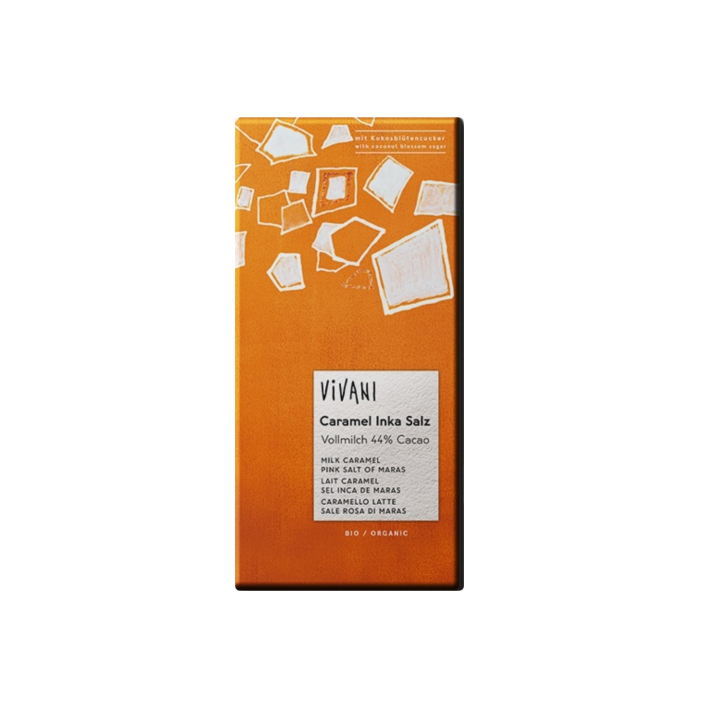 Vivani Suklaa Maitosuklaa Karamelli & Vaaleanpunainen Inkasuola LUOMU 80g ryhmässä Raaka-aineet / Karkkia & Suklaata / Suklaapatukat @ Rawfoodshop Scandinavia AB (4529)
