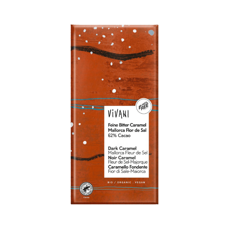 Vivani Suklaa Karamelli & Mallorca Fleur de Sel LUOMU 80g ryhmässä Raaka-aineet / Karkkia & Suklaata / Suklaapatukat @ Rawfoodshop Scandinavia AB (4703)