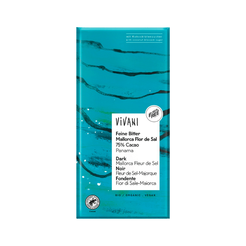 Vivani Tumma Suklaa Mallorca Fleur de Sel LUOMU 80g ryhmässä Raaka-aineet / Karkkia & Suklaata @ Rawfoodshop Scandinavia AB (4729)