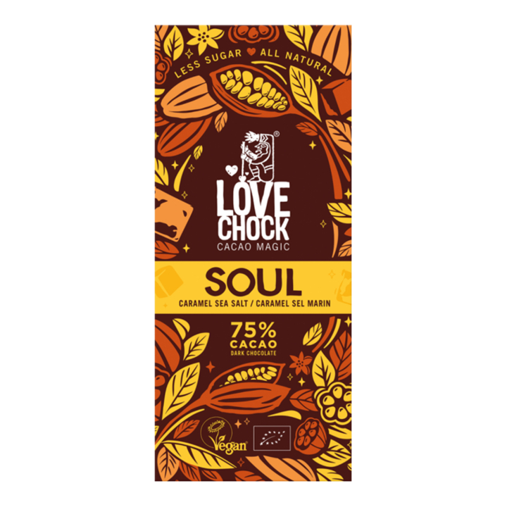 Soul Suklaa Karamelli & Merisuola 75% LUOMU 70g ryhmässä Raaka-aineet / Karkkia & Suklaata / Suklaapatukat @ Rawfoodshop Scandinavia AB (61005)