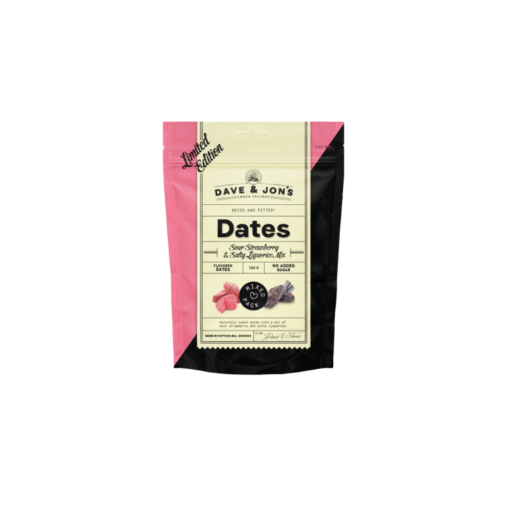 Taatelit Sour Strawberry-Salty Liquorice Mix 125g ryhmässä Raaka-aineet / Hedelmät & Marjat / Taatelit @ Rawfoodshop Scandinavia AB (800015544)