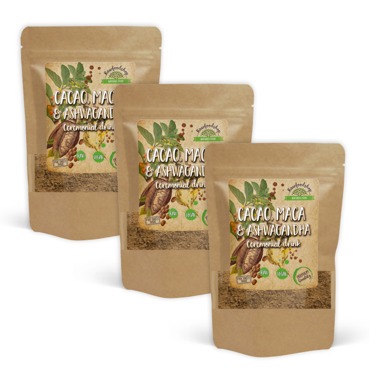 Kaakaojauhe Seremoniallinen Ashwagandha & Maca 100g x 3 pakettia ryhmässä Raaka-aineet / Leipominen / Kaakaotuotteet @ Rawfoodshop Scandinavia AB (AYAM121-SET3)