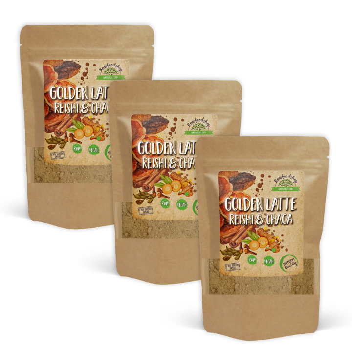 Golden Latte -jauhe Reishi & Chaga 100g x 3 pakettia ryhmässä Raaka-aineet / Juomat / Sekalaista @ Rawfoodshop Scandinavia AB (AYAM131-SET3)