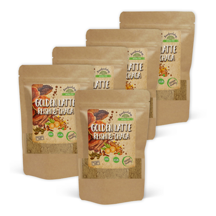 Golden Latte -jauhe Reishi & Chaga 100g x 5 pakettia ryhmässä Raaka-aineet / Juomat / Sekalaista @ Rawfoodshop Scandinavia AB (AYAM131-SET5)