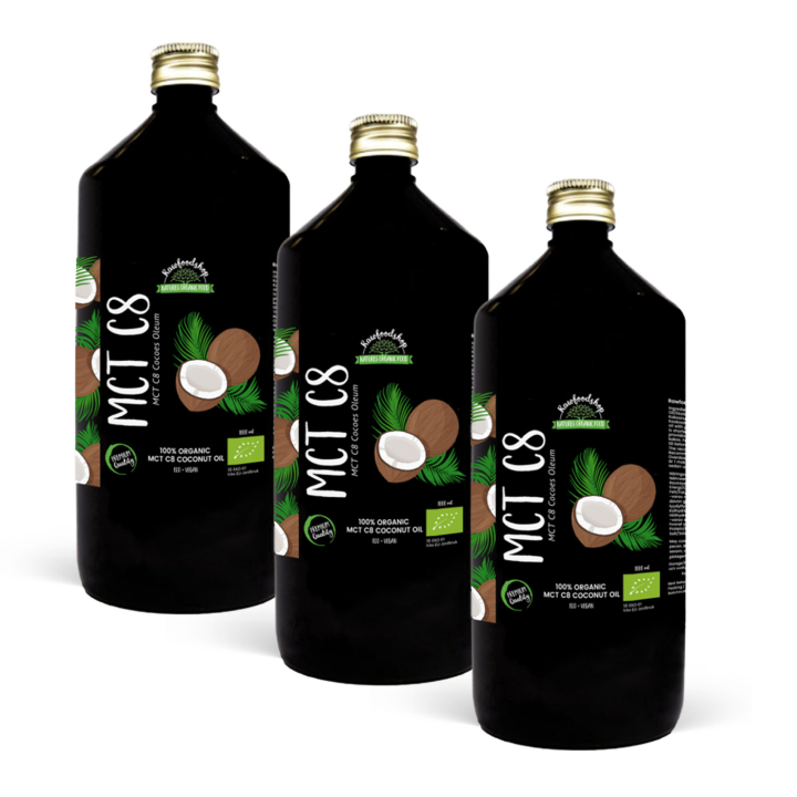 Kookosöljy MCT8 LUOMU 1000ml x 3 pulloa ryhmässä Raaka-aineet / Pähkinät / Pähkinäöljyt @ Rawfoodshop Scandinavia AB (MGT06441-SET3)