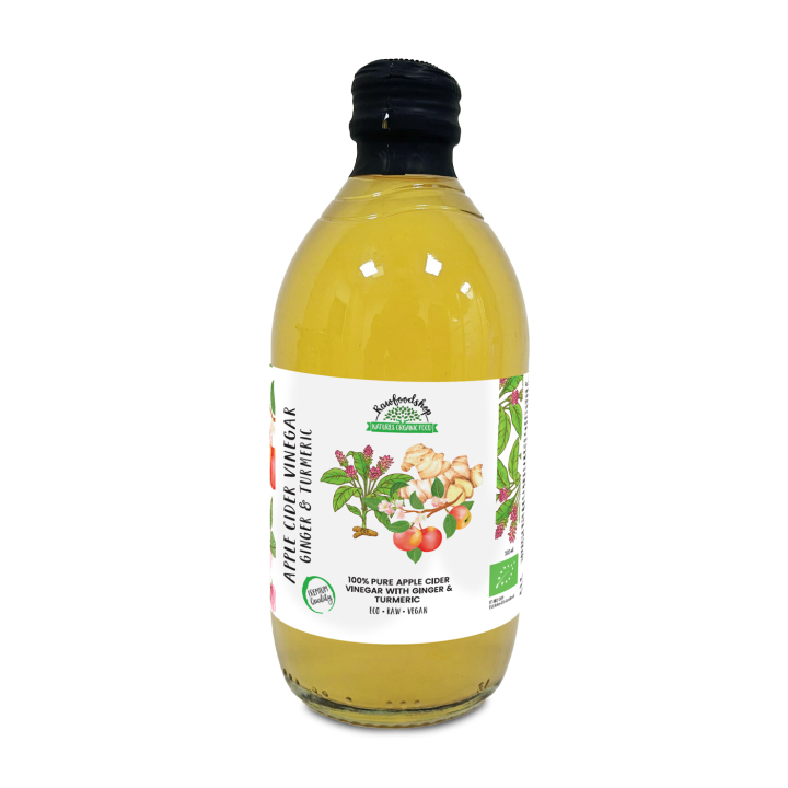 Omenasiiderietikka Inkivääri & Kurkuma Suodattamaton LUOMU 500ml ryhmässä Raaka-aineet / Ruokakomero / Mauste / Etikka @ Rawfoodshop Scandinavia AB (PFAPSSY050006)