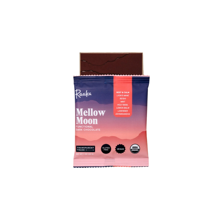 Suklaa Mellow Moon Rest & Calm 64% LUOMU 28g ryhmässä Raaka-aineet / Karkkia & Suklaata / Suklaapatukat @ Rawfoodshop Scandinavia AB (RAA-1405)
