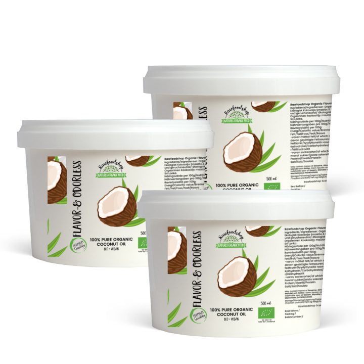 Kookosöljy Maku- ja Tuoksuvapaa LUOMU 500ml x 3 purkkia ryhmässä Raaka-aineet / Pähkinät / Pähkinäöljyt @ Rawfoodshop Scandinavia AB (RFET400225E-SET3)