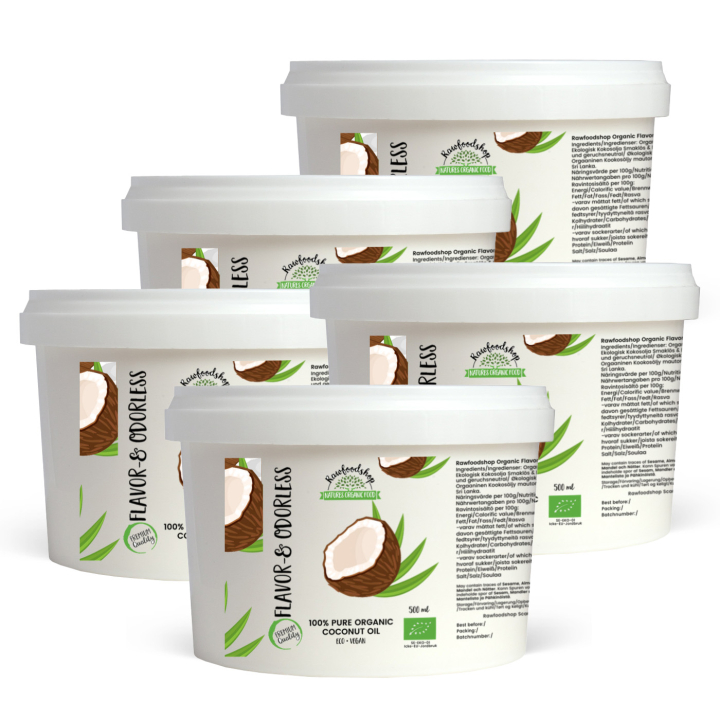 Kookosöljy Maku- ja Tuoksuvapaa LUOMU 500ml x 5 purkkia ryhmässä Raaka-aineet / Pähkinät / Pähkinäöljyt @ Rawfoodshop Scandinavia AB (RFET400225E-SET5)