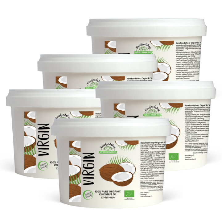 Neitsytkookosöljy RAW LUOMU 500ml x 5 purkkia ryhmässä Raaka-aineet / Pähkinät / Pähkinäöljyt @ Rawfoodshop Scandinavia AB (ROLJ400416E-SET5)