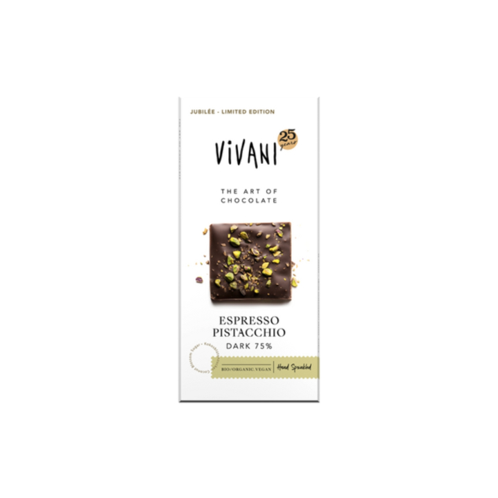 Suklaa Tumma 75% Espresso Pistaasi LUOMU 80g ryhmässä Raaka-aineet / Karkkia & Suklaata / Suklaapatukat @ Rawfoodshop Scandinavia AB (VIVESPRESSO)