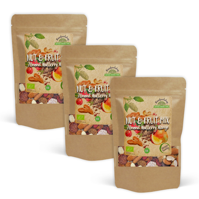 Pähkinä- & Hedelmäsekoitus Manteli Mulperi Mango LUOMU 500g x 3 pakettia