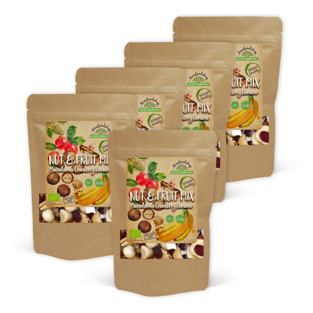 Pähkinä- & Hedelmäsekoitus Macadamia Karpalo Banaani LUOMU 200g x 5 pakettia