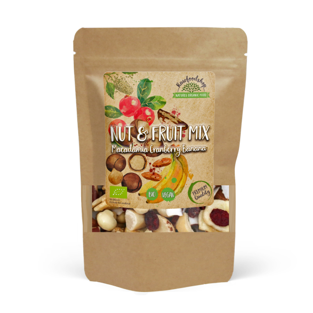 Pähkinä- & Hedelmäsekoitus Macadamia Karpalo Banaani LUOMU 200g