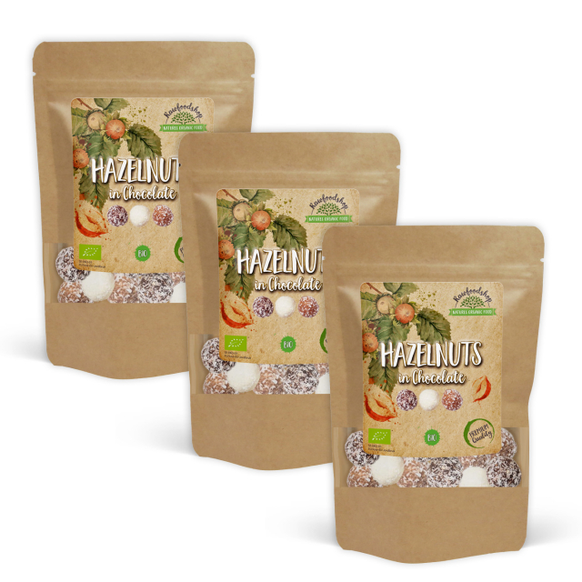 Hasselpähkinät Tumma, Valkoinen ja Maitosuklaa LUOMU 200g x 3 pakettia