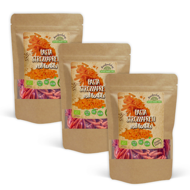 Pasta Strozzapreti Punaiset linssit LUOMU 250g x 3 pakettia