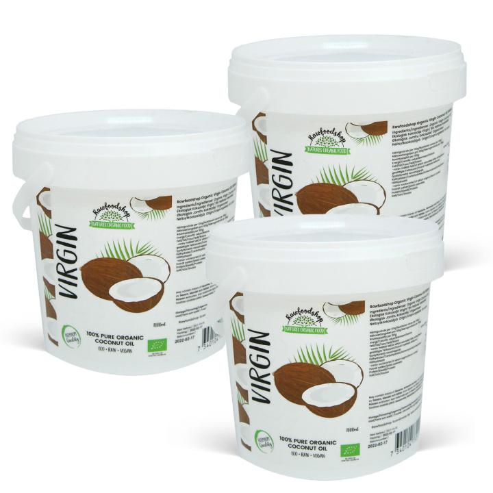 Neitsytkookosöljy RAW LUOMU 1000 ml x 3 purkkia ryhmässä Iho & Vartalo / Luonnollinen DIY / Rasvat & Vahat / Kookosöljy @ Rawfoodshop Scandinavia AB (15064-1000-SET3)