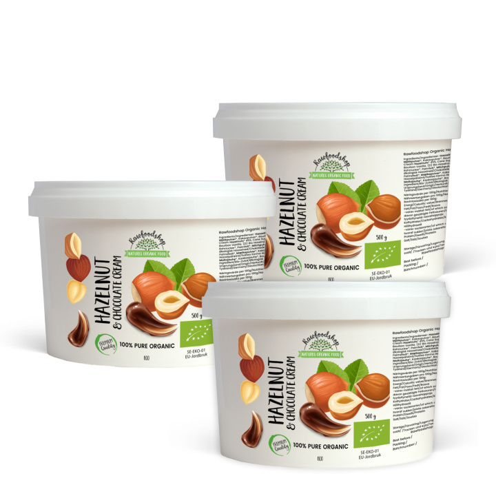 Hasselpähkinä ja Suklaa Kermainen LUOMU 500g x 3 pakettia ryhmässä Raaka-aineet / Pähkinät / Pähkinävoit @ Rawfoodshop Scandinavia AB (206115-SET3)