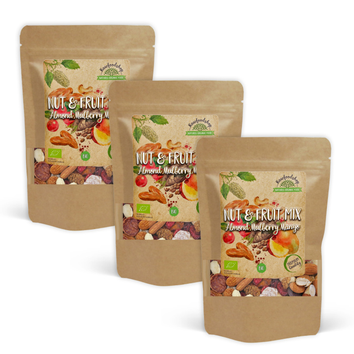 Pähkinä- & Hedelmäsekoitus Manteli Mulperi Mango LUOMU 500g x 3 pakettia ryhmässä Raaka-aineet / Karkkia & Suklaata / Välipalat @ Rawfoodshop Scandinavia AB (214165-SET3)