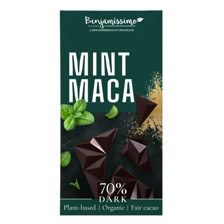 Benjamissimo Tumma 70% Minttu & Maca LUOMU 60g ryhmässä Raaka-aineet / Karkkia & Suklaata / Suklaapatukat @ Rawfoodshop Scandinavia AB (2795X10)