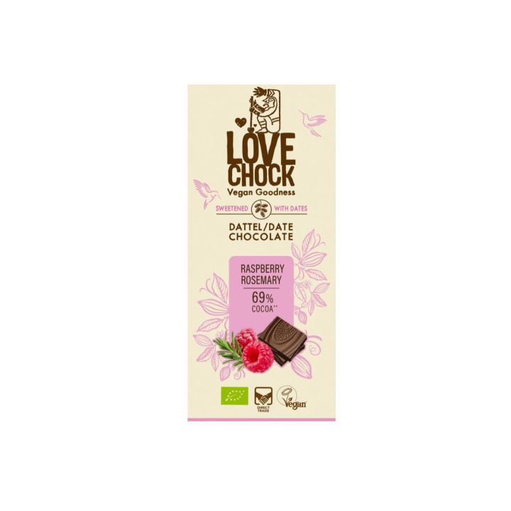 Suklaa vadelmalla, rosmariinilla & taateleilla LUOMU 70g ryhmässä Raaka-aineet / Karkkia & Suklaata @ Rawfoodshop Scandinavia AB (61201)