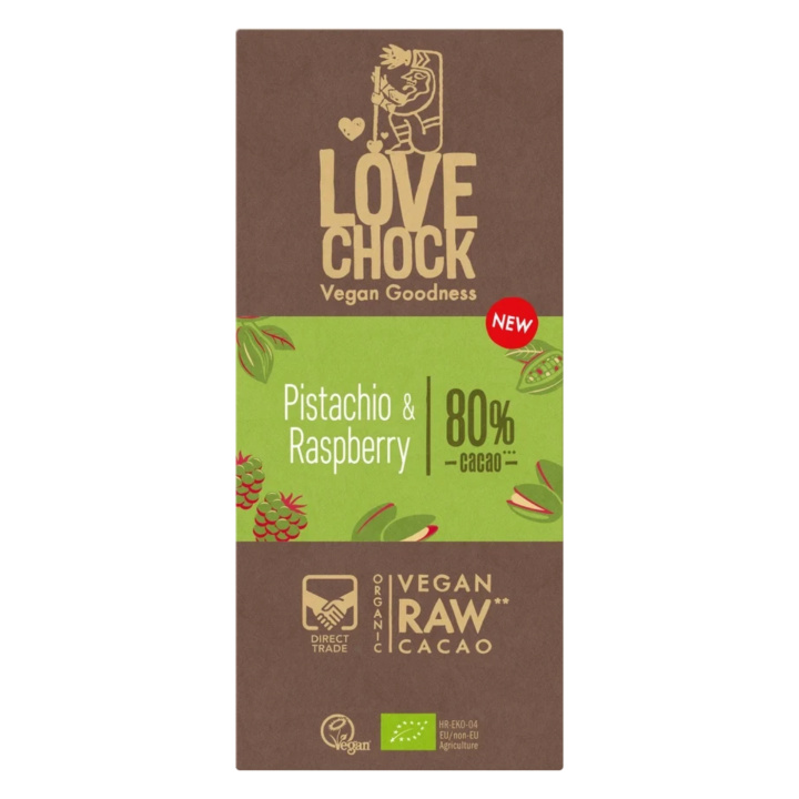 Suklaa Pistaasi & Vadelma 80% LUOMU 70g ryhmässä Raaka-aineet / Karkkia & Suklaata / Suklaapatukat @ Rawfoodshop Scandinavia AB (900684)