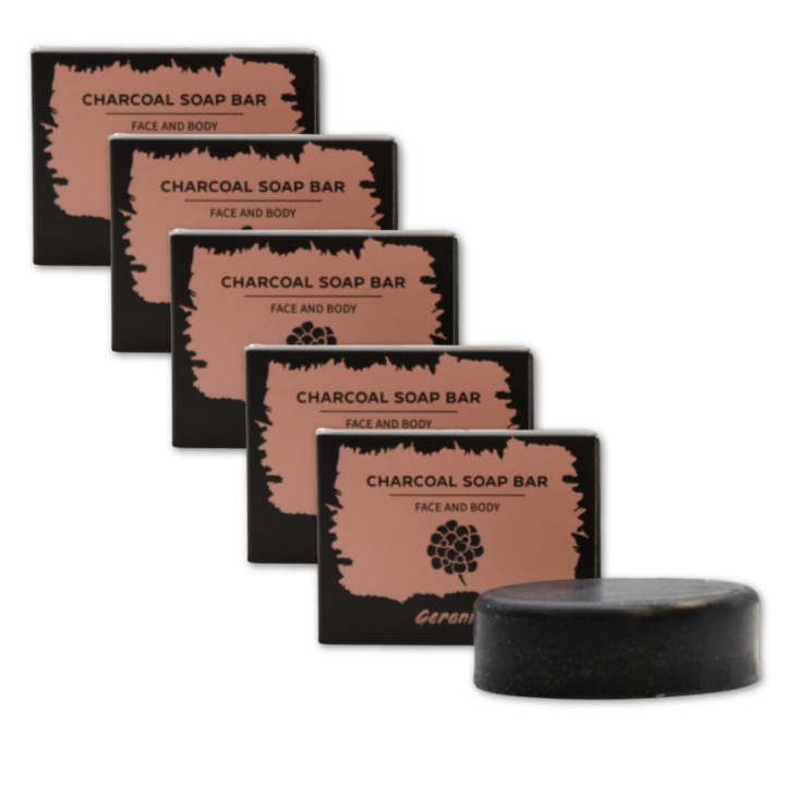 Geranium Saippua Aktiivihiili 85g x 5 kpl ryhmässä Iho & Vartalo / Kasvot / Puhdistus @ Rawfoodshop Scandinavia AB (CHSBUL-02-SET5)