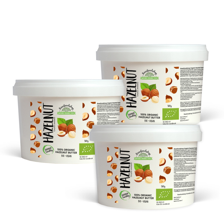 Hasselpähkinävoi Paahdettu LUOMU 500g x 3 pakettia ryhmässä Raaka-aineet / Pähkinät / Hasselpähkinät @ Rawfoodshop Scandinavia AB (HITB020028500-SET3)