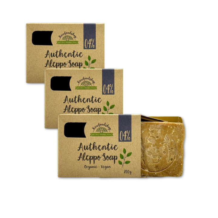 Alepposaippua Laakeriöljy 4% LUOMU 200g x 3 kpl ryhmässä Iho & Vartalo / Vartalo / Suihkusaippua @ Rawfoodshop Scandinavia AB (KNNBEC1-SET3)