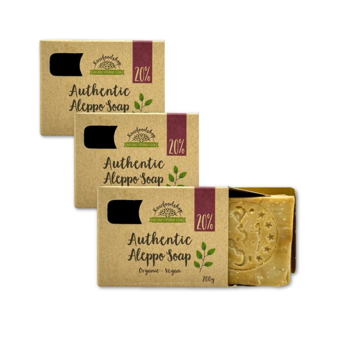 Alepposaippua Laakeriöljy 20% LUOMU 200 x 3 kplg ryhmässä Iho & Vartalo / Vartalo / Suihkusaippua @ Rawfoodshop Scandinavia AB (KNNBEC3-SET3)